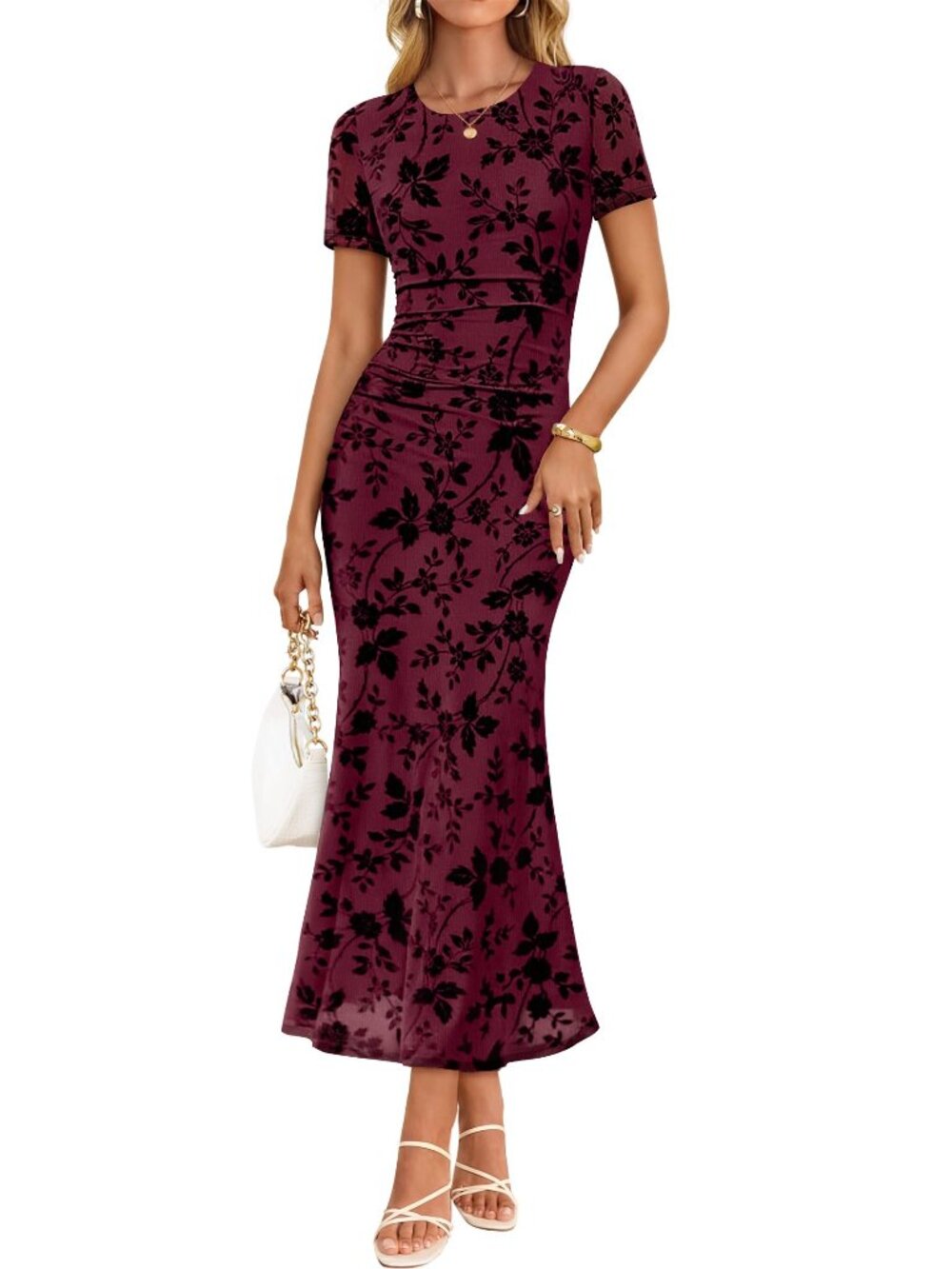 Women's Floral Mesh Ruched Bodycon Maxi Dress Wine